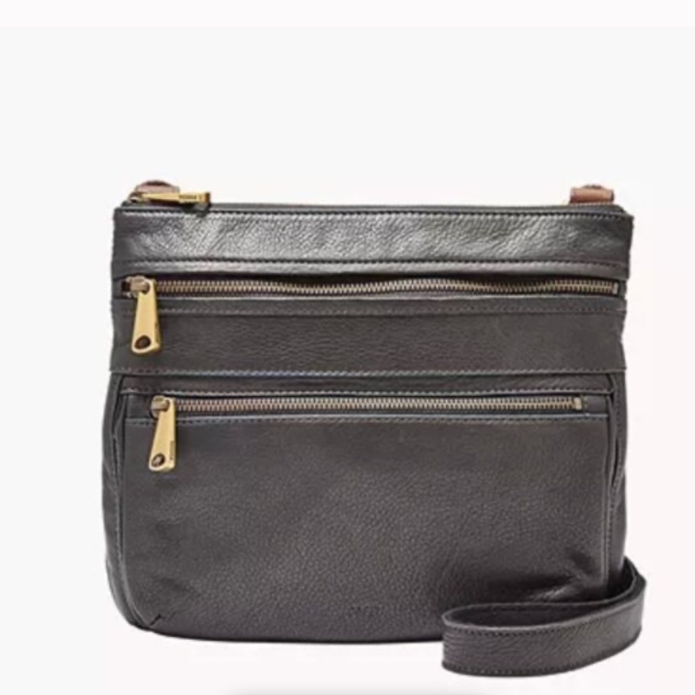 Fossil Black Leather Crossbody Bag with Gold Accents